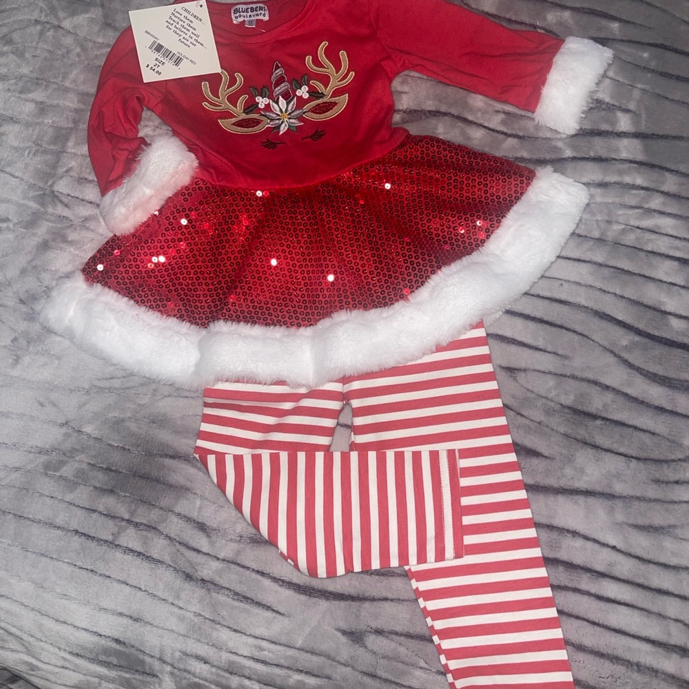 Blueberi Boulevard Red Sequin Reindeer Holiday Dress with Striped Leggings